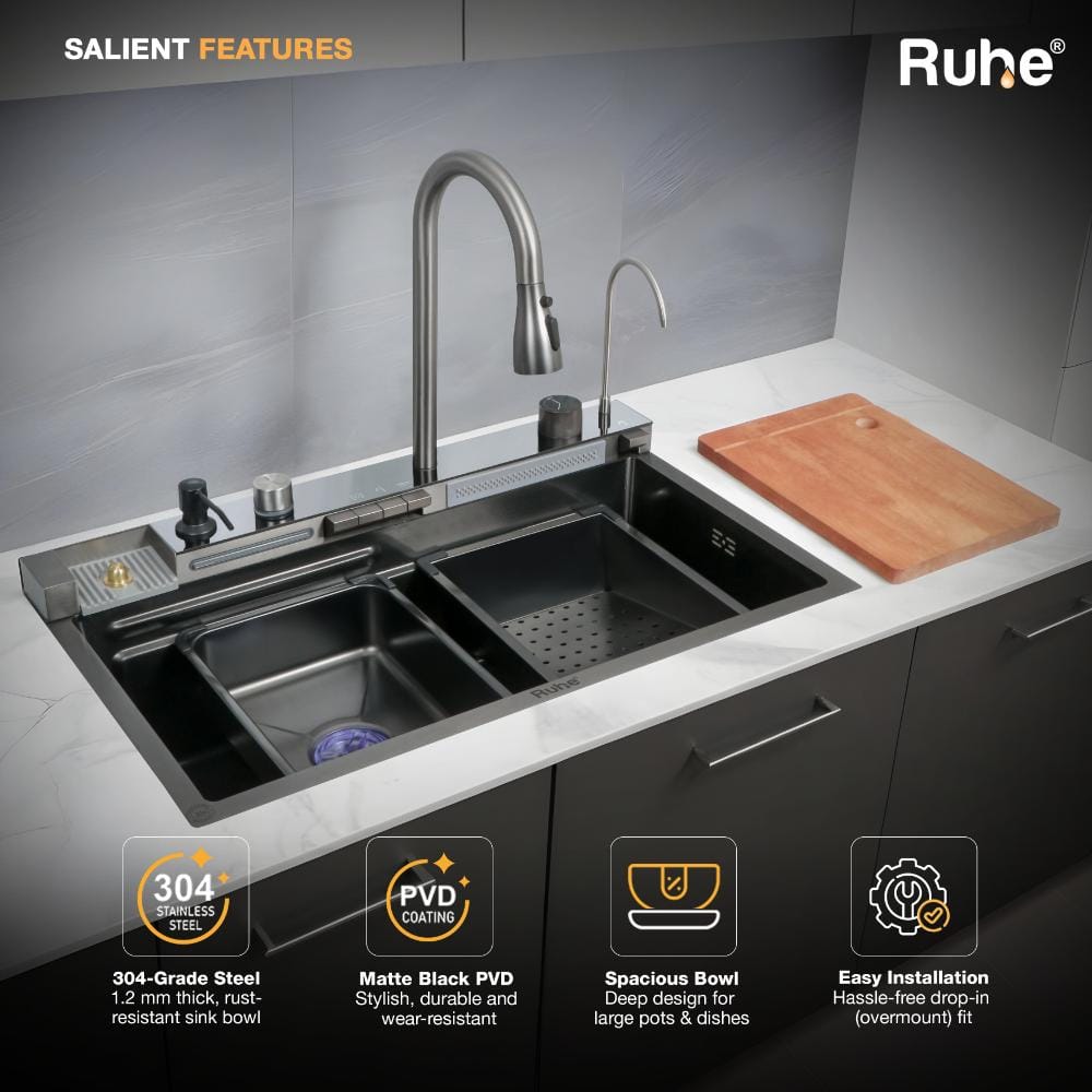 Ruhe Piano Black 304-Grade Topmount Kitchen Sink with Integrated Waterfalls Digital Display Pull-out Faucet & RO Tap (30 x 18 x 9 inches) (13-0126-03)