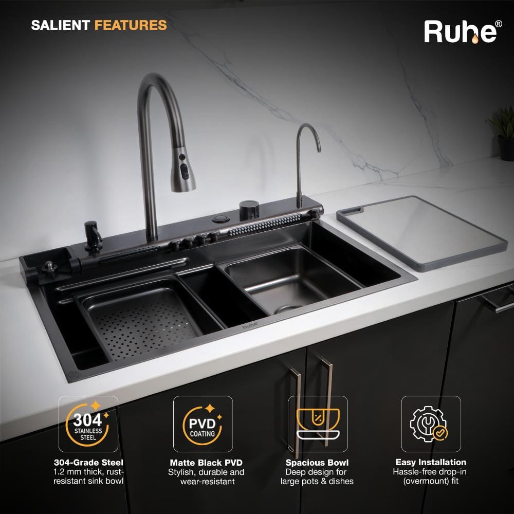 Ruhe Opera Black 304-Grade SS Smart Topmount Kitchen Sink with Integrated Waterfalls Digital Display Pull-Out & RO Faucet (30 x 18 x 9 Inches) (13-0126-04)