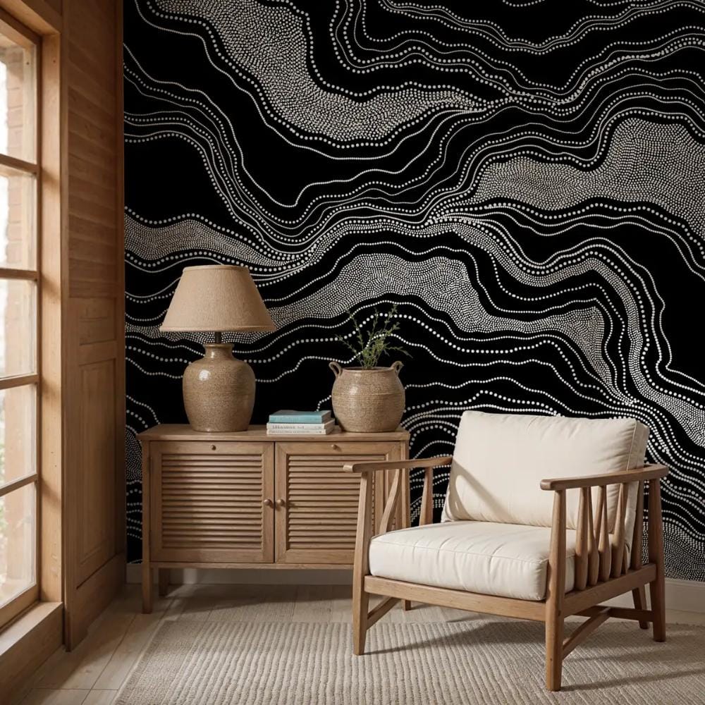 Life n Colors: Infinite Flow Abstract Wallpaper, Black & White (MOQ: 30 Sft)