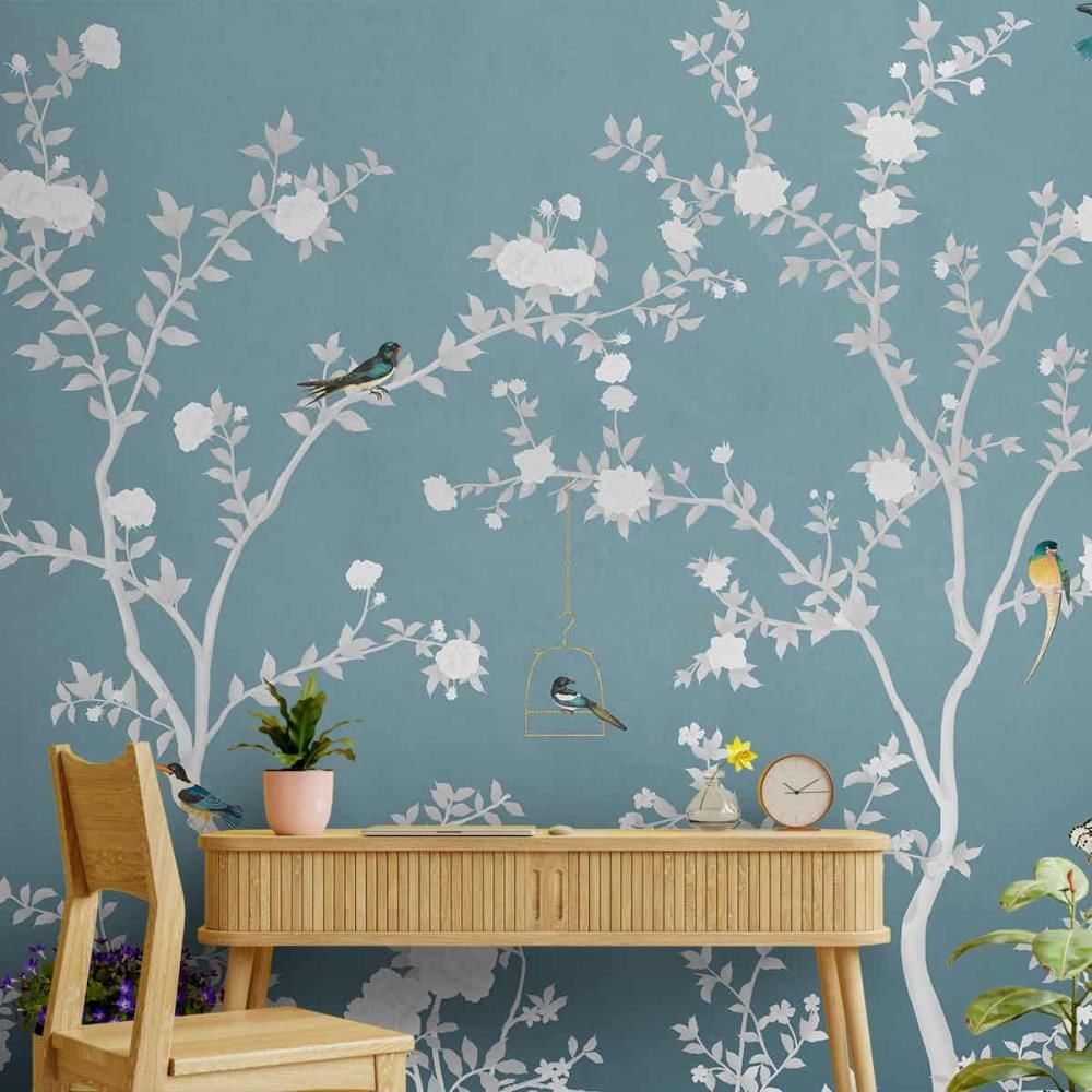 Life n Colors:Aura in the Garden Blue Chinoiserie Wallpaper