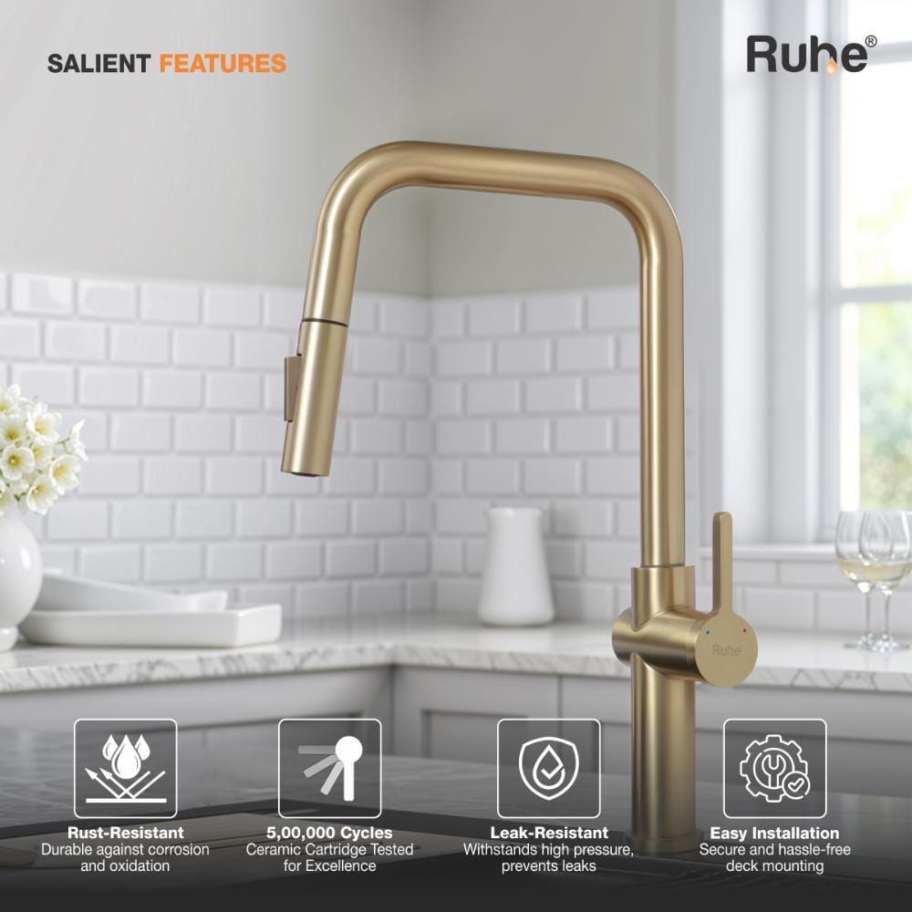 Ruhe Ruhe Opulo Dual Flow Pull-Out Kitchen Mixer Faucet (Brushed Gold) (11-1732-03-BG)