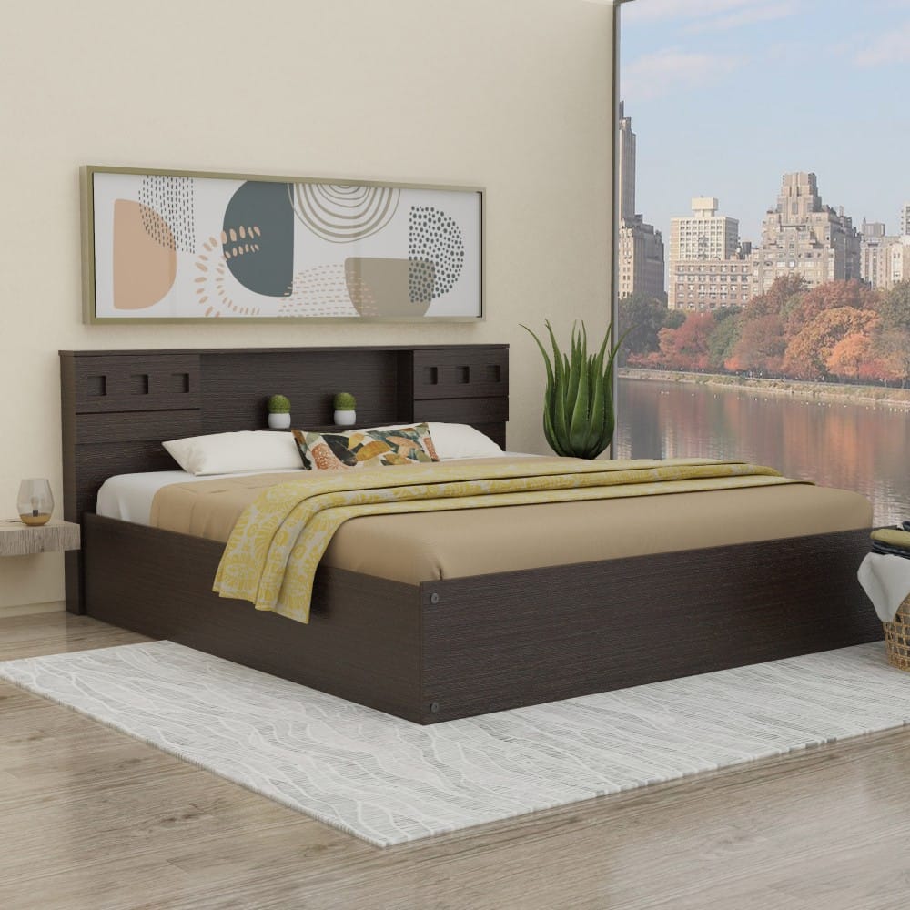 DF2H Galene Wenge King Bed Rubber Wood Headboard With Box Storage & 2