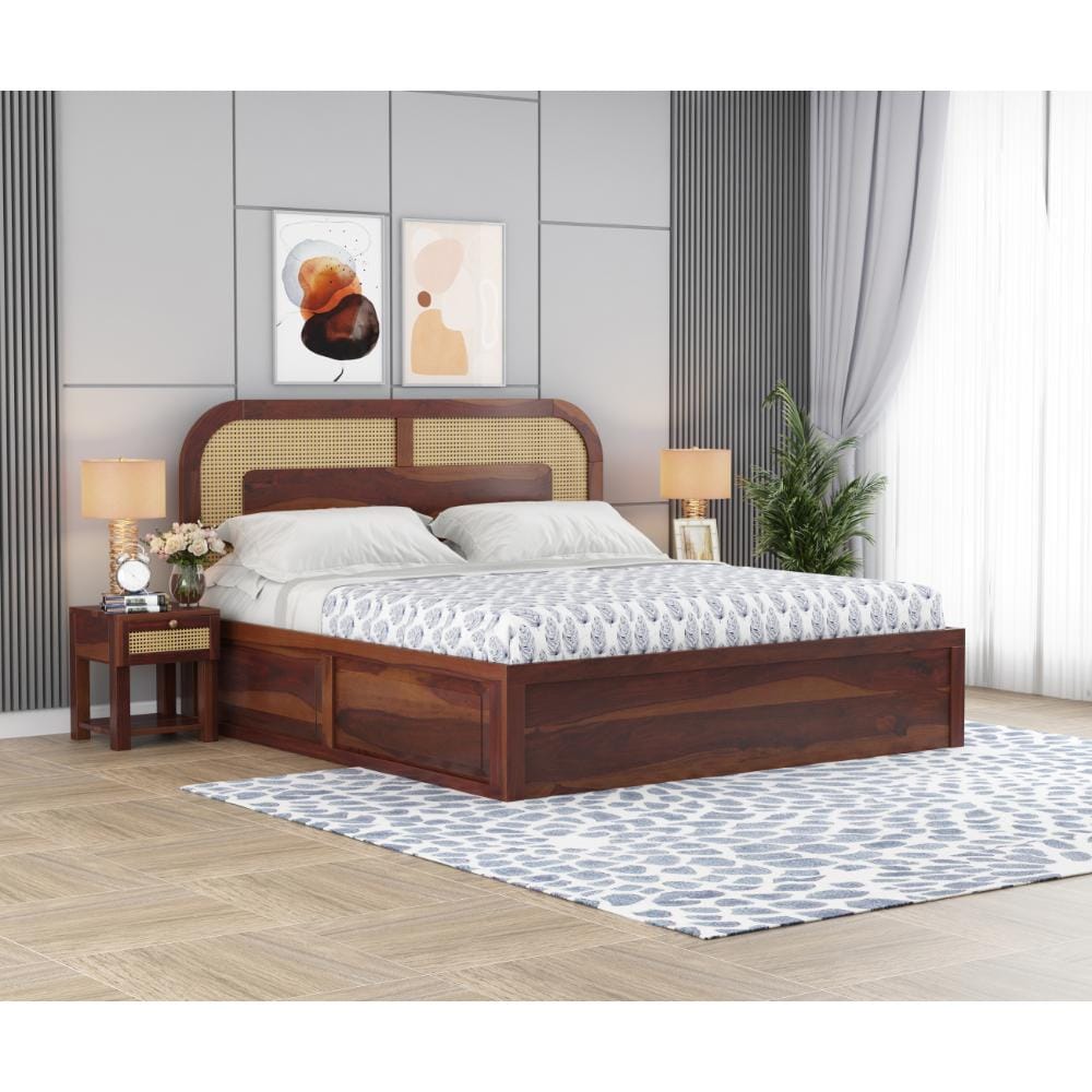 Caventa Sheesham Wood Cane Bed With Hydraulic Storage