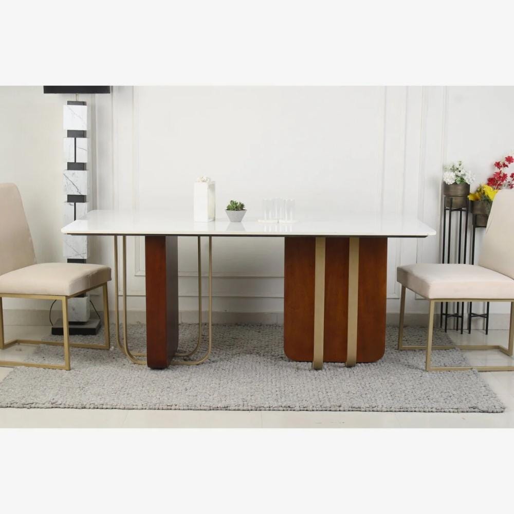 Roswell Composite Marble 6 Seater Dining Table in Gold & Walnut Finish by Claymint