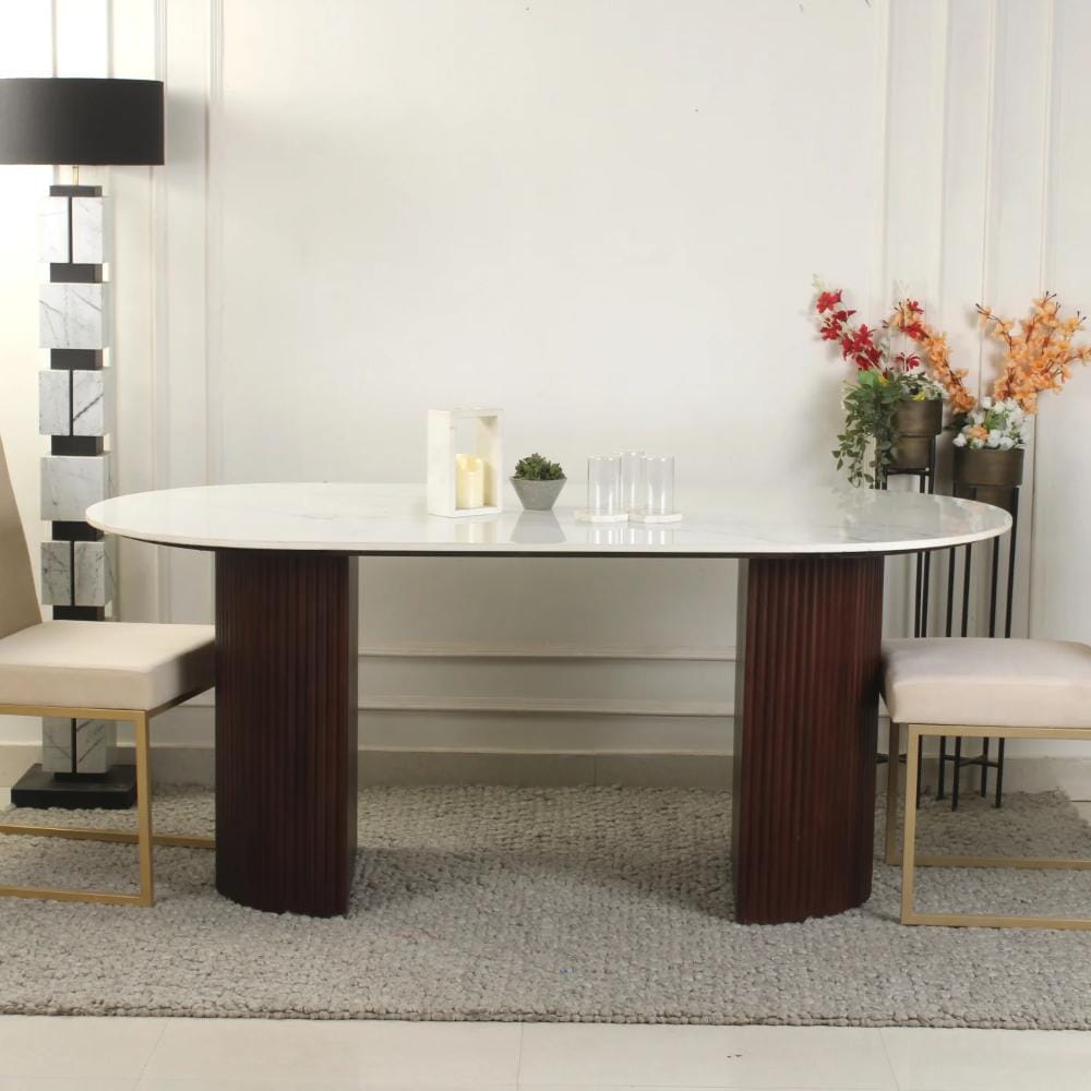 Roswell Composite Marble 6 Seater Dining Table in Dark Walnut Finish by Claymint