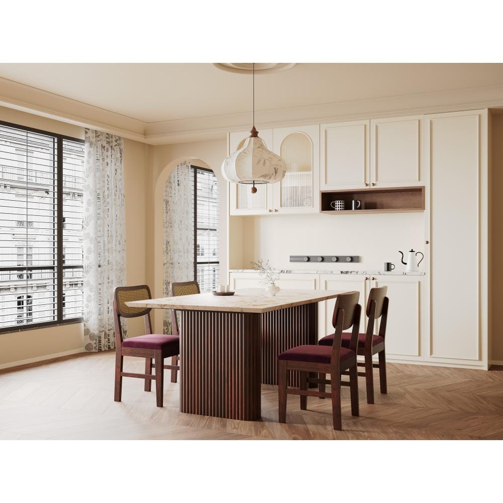 Nivaro 6 Seater Dining Table In Dark Walnut Finish - Indian Marble