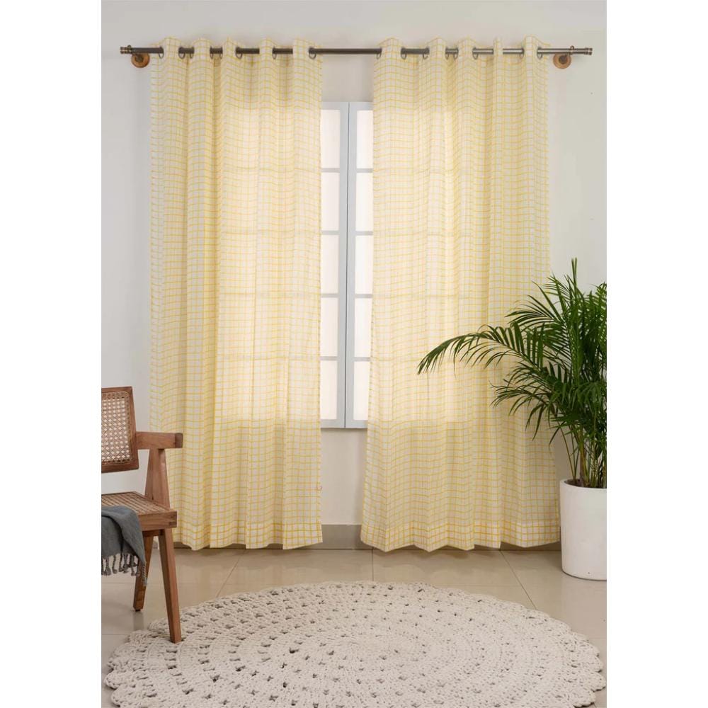 TYD Readymade Eyelet Curtain: Uneven Checks in Yellow sheer