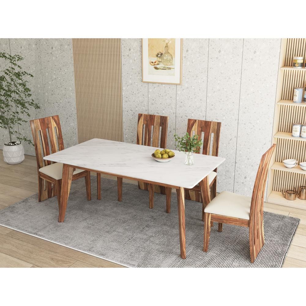 Carvia 6 Seater Indian Marble Top Dining Table with Sheesham Wood Legs