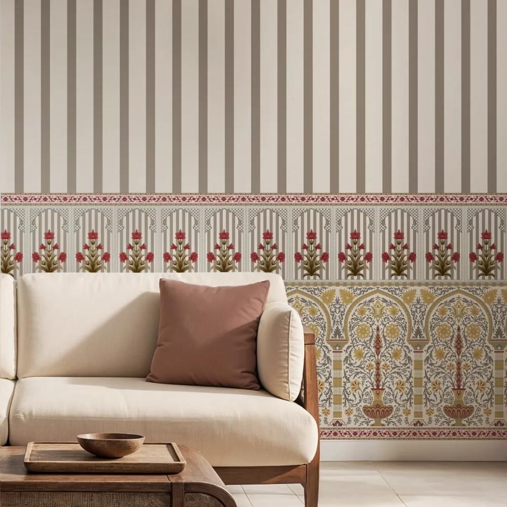 Life n Colors: Kusum: Indian Floral Jharokha and Stripes Design Yellow Color Wallpaper (Avg. Utilization 55 Sq.ft)